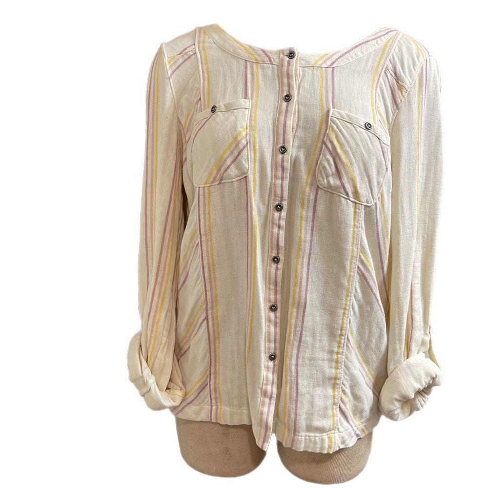 Odille Anthropologie Ivory Yellow Pink Stripe Button Down Shirt Top Shirt Sz 14